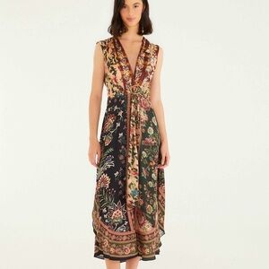FARM Rio Floral Patchwork Midi Dress in Black, Green, Beige and Rust
